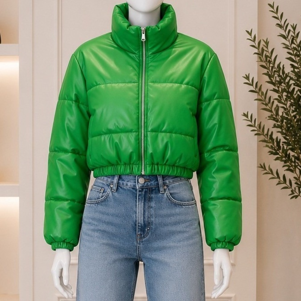 Love Tree Womens Puffer Jacket Green Faux Leather Cropped Zip Up Small